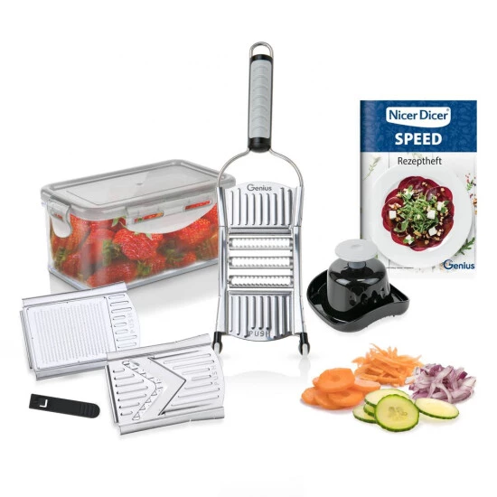 Großhandel ⭐ Genius Nicer Dicer Speed Set 9-tlg Multihobel - Verstellbarer V Hobel Mit 3 Einsätzen, Schneidguthalter & Auffangbehälter 550ml; A34224 🛒 3 Großhandel ⭐ Genius Nicer Dicer Speed Set 9-tlg Multihobel - Verstellbarer V Hobel Mit 3 Einsätzen, Schneidguthalter & Auffangbehälter 550ml; A34224 🛒