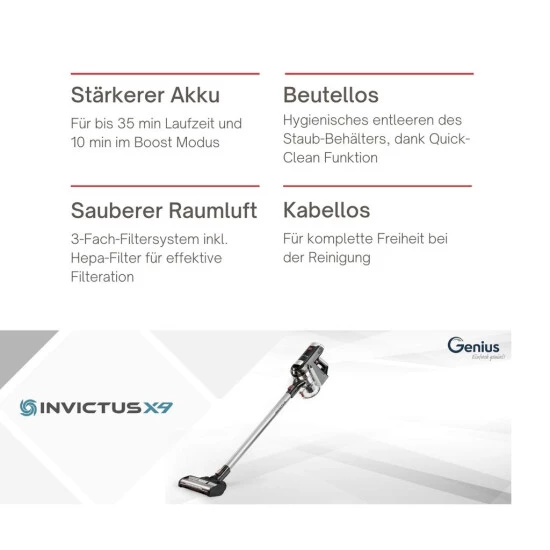 Billig 🎁 Genius Invictus X9 Set 13tlg Akku Staubsauger Handstaubsauger Mit LED Beutellos Kabellos HEPA Für Allergiker Tierhaare; A28141 🔔 5 Billig 🎁 Genius Invictus X9 Set 13tlg Akku Staubsauger Handstaubsauger Mit LED Beutellos Kabellos HEPA Für Allergiker Tierhaare; A28141 🔔 – Bild 3